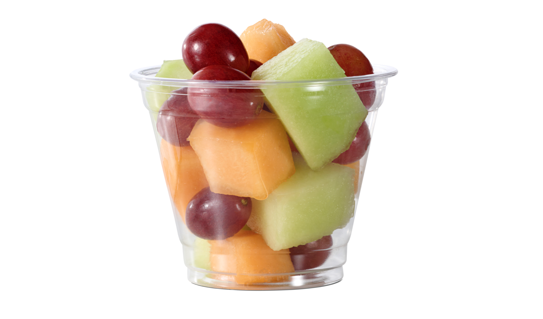 Mixed fruit in a cup containing honeydew, cantaloupe and red grapes