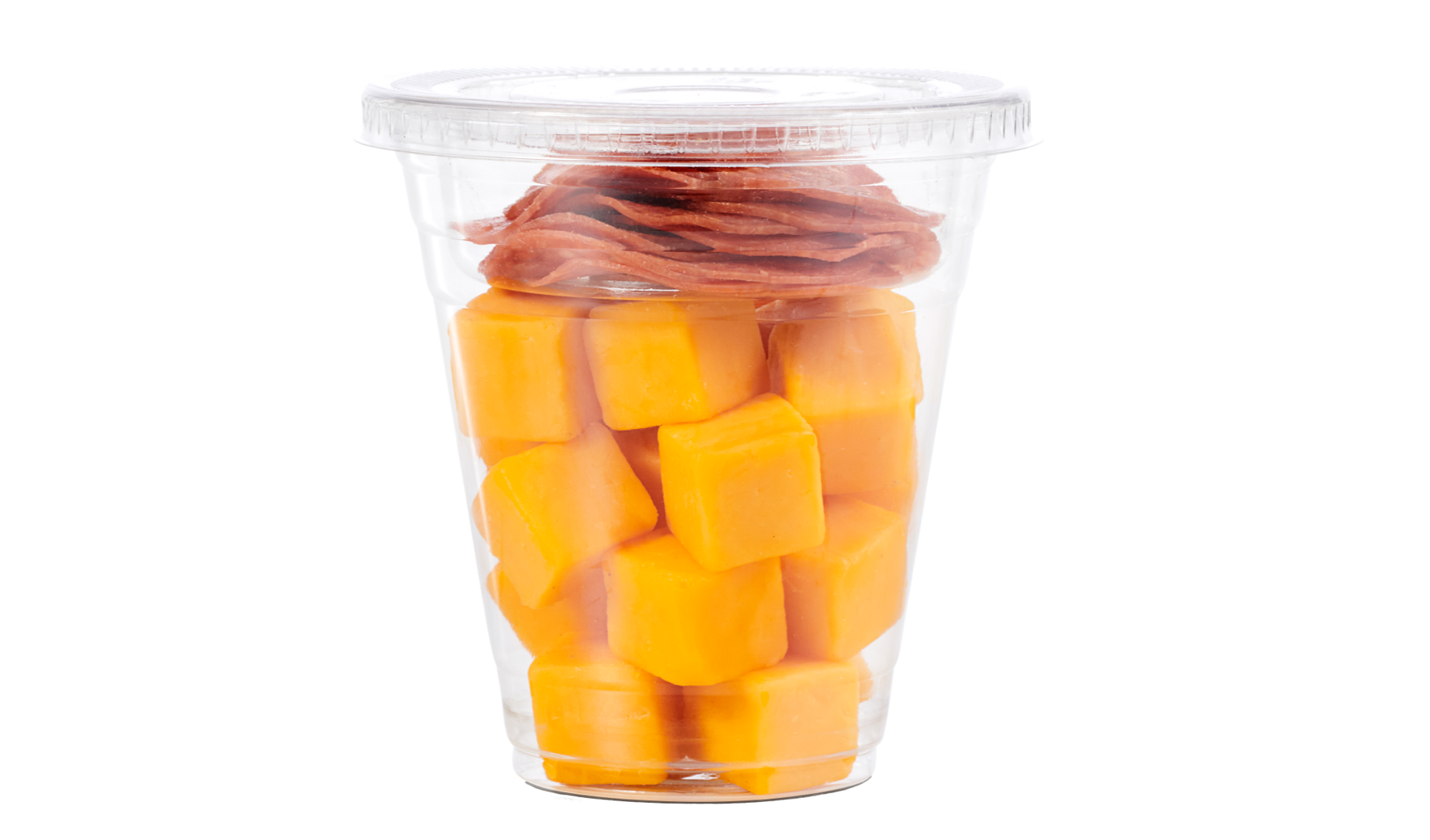 Pepperoni and cheddar cheese chunks in a cup